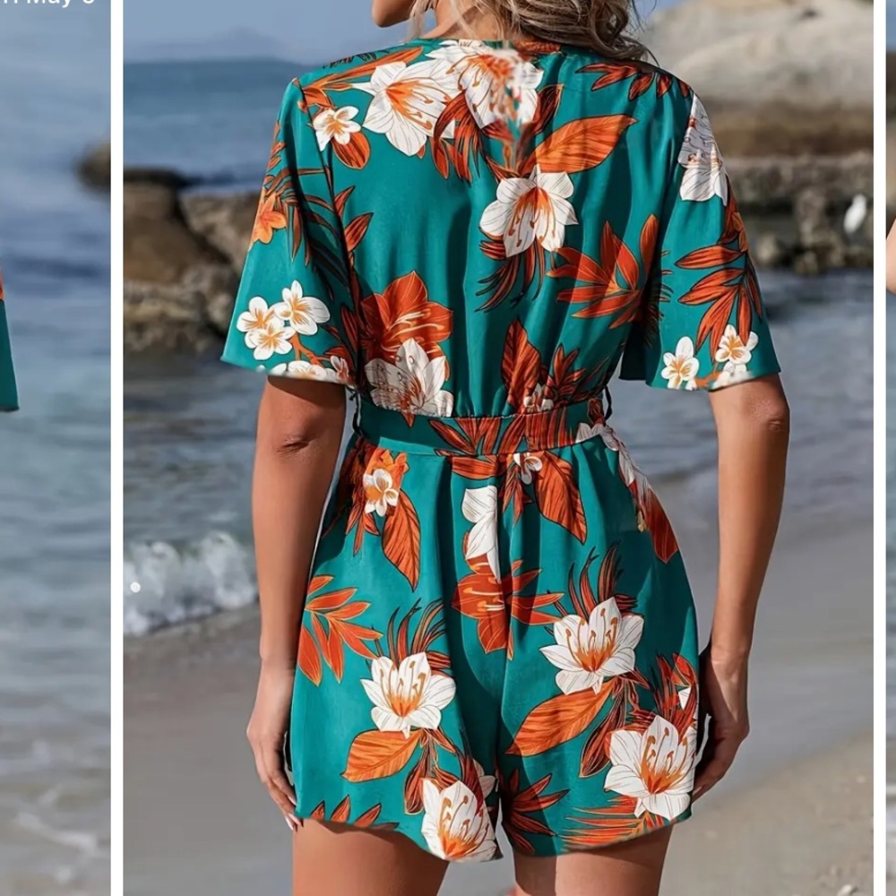 Tropical Floral Jumpsuit in Teal and Orange NWOT - Picture 2 of 8